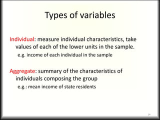 Types of variables

Individual: measure individual characteristics, take
  values of each of the lower units in the sample.
   e.g. income of each individual in the sample


Aggregate: summary of the characteristics of
  individuals composing the group
   e.g.: mean income of state residents




                                                       14
 