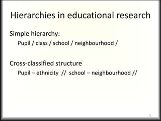 Hierarchies in educational research
Simple hierarchy:
  Pupil / class / school / neighbourhood /


Cross-classified structure
  Pupil – ethnicity // school – neighbourhood //




                                                   22
 