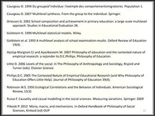 Courgeau D. 1994 Du groupeàl’individue: l’exemple des comportementsmigratoires. Population 1.

Courgeau D. 2007 Multilevel synthesis. From the group to the individual. Springer.

Driessen G. 2002 School composition and achievement in primary education: a large-scale multilevel
    approach. Studies in Educational Evaluation 28.

Goldstein H. 1999 Multilevel statistical models. Wiley.

Goldstein et al. 1993 A multilevel analysis of school examination results. Oxford Review of Education
    19(4).

Hyslop-Margison EJ and AyazNaseem M. 2007 Philosophy of education and the contested nature of
    empirical research: a rejoinder to D.C.Phillips. Philosophy of Education.

Little D. 2006 Levels of the social. In The Philosophy of Anthropology and Sociology, Risjord and
     Turner (eds). Elsevier Science.

Phillips D.C. 2005 The Contested Nature of Empirical Educational Research (and Why Philosophy of
     Education Offers Little Help). Journal of Philosophy of Education 39(4).

Robinson W.S. 1950 Ecological Correlations and the Behavior of Individuals. American Sociological
    Review, 15(3)

Russo F. Causality and causal modelling in the social sciences. Measuring variations. Springer. 2009

Ylikoski P. 2012 Micro, macro, and mechanisms. In Oxford Handbook of Philosophy of Social
     Sciences, Kinkaid (ed) OUP                                                                     42
 