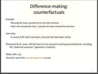 Difference-making:
counterfactuals
Example
Missing the train caused me to miss the seminar.
Had I not missed the train, I would not have missed the seminar.
Core idea
A causes B iff, had A not been, B would not have been either.
Pioneered by D. Lewis. Still the basis of any account involving counterfactual, including
the “potential outcome” approach in statistics
Helps with, e.g.:
Heuristic search for causal hypotheses to test
17
 