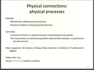 Physical connections:
physical processes
Example
Billiard balls colliding (causal process)
Airplane shadows crossing (pseudo-process)
Core idea
A causes B if there is a physical process connecting the two points.
The transmission of extensive quantities discriminate between a causal and a
pseudo-process
Main supporters: W. Salmon, P. Dowe. More recently: G. Boniolo, R. Faraldo and A.
Saggion
Helps with, e.g.:
Causal inference in physics contexts
19
 