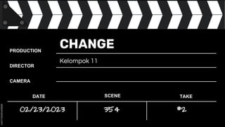 PRODUCTION
DIRECTOR
CAMERA
DATE SCENE TAKE
CHANGE
354 #2
Kelompok 11
02/23/2023
 
