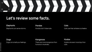 Let’s review some facts.
Elephants
Koalas are even more lazy than
cats.
Dogs
Elephants can sense storms.
Cats
Dogs can smell your feelings.
Pandas
Kangaroos Koalas
Pandas don’t hibernate.
There are more kangaroos than
humans in Australia.
Cats use their whiskers as feelers
 