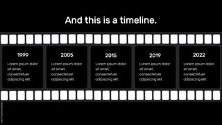 And this is a timeline.
1999
Lorem ipsum dolor
sit amet,
consectetuer
adipiscing elit.
2005
Lorem ipsum dolor
sit amet,
consectetuer
adipiscing elit.
2015
Lorem ipsum dolor
sit amet,
consectetuer
adipiscing elit.
2019 2022
Lorem ipsum dolor
sit amet,
consectetuer
adipiscing elit.
Lorem ipsum dolor
sit amet,
consectetuer
adipiscing elit.
 