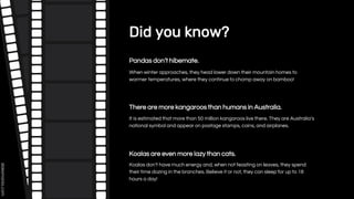 Did you know?
Pandas don’t hibernate.
It is estimated that more than 50 million kangaroos live there. They are Australia’s
national symbol and appear on postage stamps, coins, and airplanes.
There are more kangaroos than humans in Australia.
Koalas don’t have much energy and, when not feasting on leaves, they spend
their time dozing in the branches. Believe it or not, they can sleep for up to 18
hours a day!
Koalas are even more lazy than cats.
When winter approaches, they head lower down their mountain homes to
warmer temperatures, where they continue to chomp away on bamboo!
 