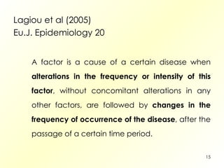 Lagiou et al (2005) Eu.J. Epidemiology 20 A factor is a cause of a certain disease when  alterations in the frequency or intensity of this factor , without concomitant alterations in any other factors, are followed by  changes in the frequency of occurrence of the disease , after the passage of a certain time period. 