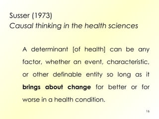 Susser (1973) Causal thinking in the health sciences A determinant [of health] can be any factor, whether an event, characteristic, or other definable entity so long as it  brings about change  for better or for worse in a health condition. 