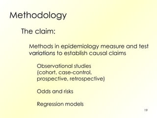 Methodology  The claim: Methods in epidemiology measure and test variations  to establish causal claims Observational studies (cohort, case-control, prospective, retrospective) Odds and risks Regression models 