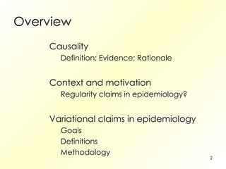 Overview  Causality Definition; Evidence; Rationale Context and motivation Regularity claims in epidemiology? Variational claims in epidemiology Goals Definitions Methodology 