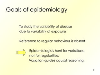 Goals of epidemiology To study the  variability  of disease due to  variability  of exposure Reference to regular behaviour is absent Epidemiologists hunt for  variations , not for regularities. Variation  guides causal reasoning 