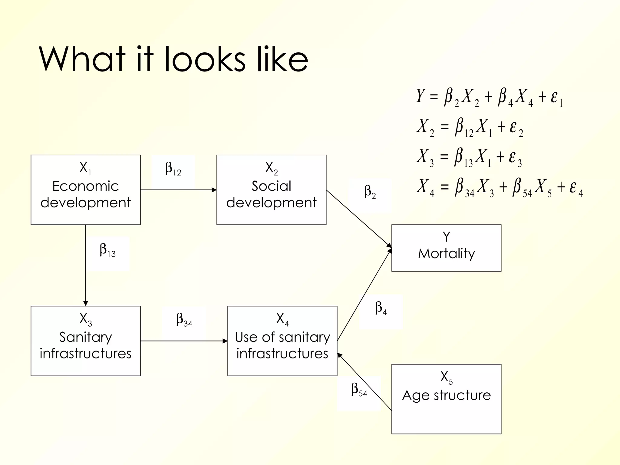 What it looks like  54  4  13  34  12  2 X 1 Economic development X 2 Social development X 3 Sanitary infrastructures X 4 Use of sanitary infrastructures X 5 Age structure Y Mortality 