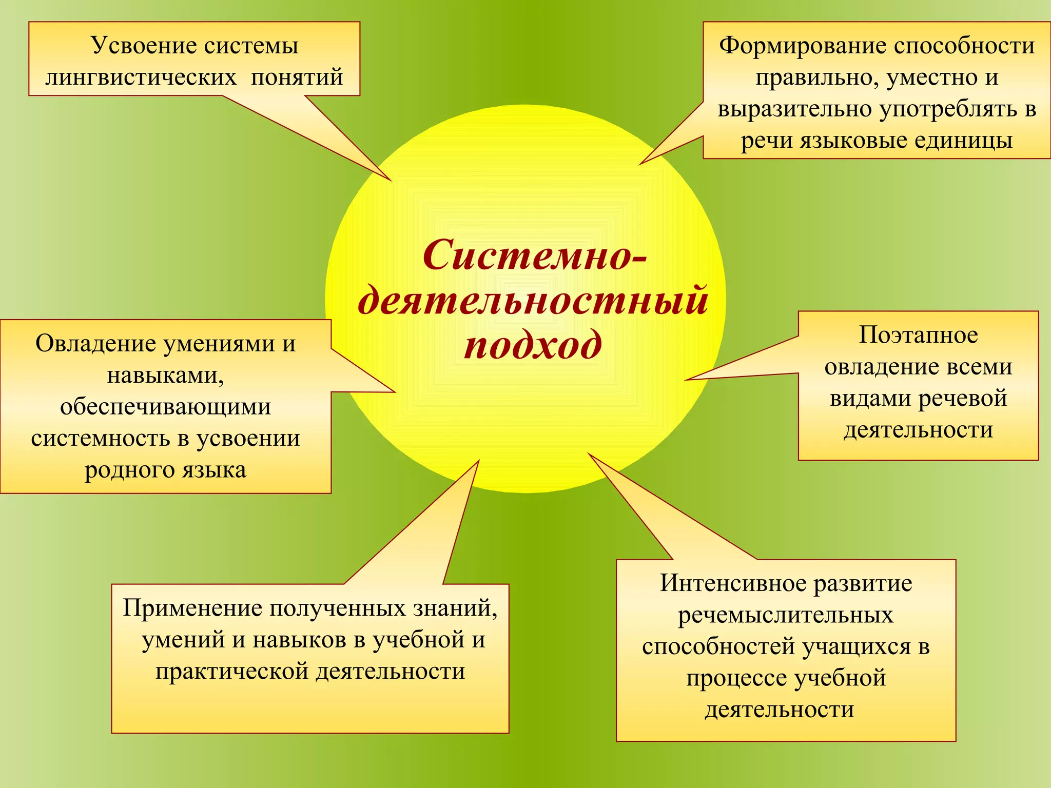 Усвоение системы лингвистических  понятий Формирование способности правильно, уместно и выразительно употреблять в речи языковые единицы Овладение умениями и навыками, обеспечивающими системность в усвоении родного языка Поэтапное овладение всеми видами речевой деятельности Интенсивное развитие речемыслительных способностей учащихся в процессе учебной деятельности  Применение полученных знаний,  умений и навыков в учебной и практической деятельности Системно- деятельностный  подход 