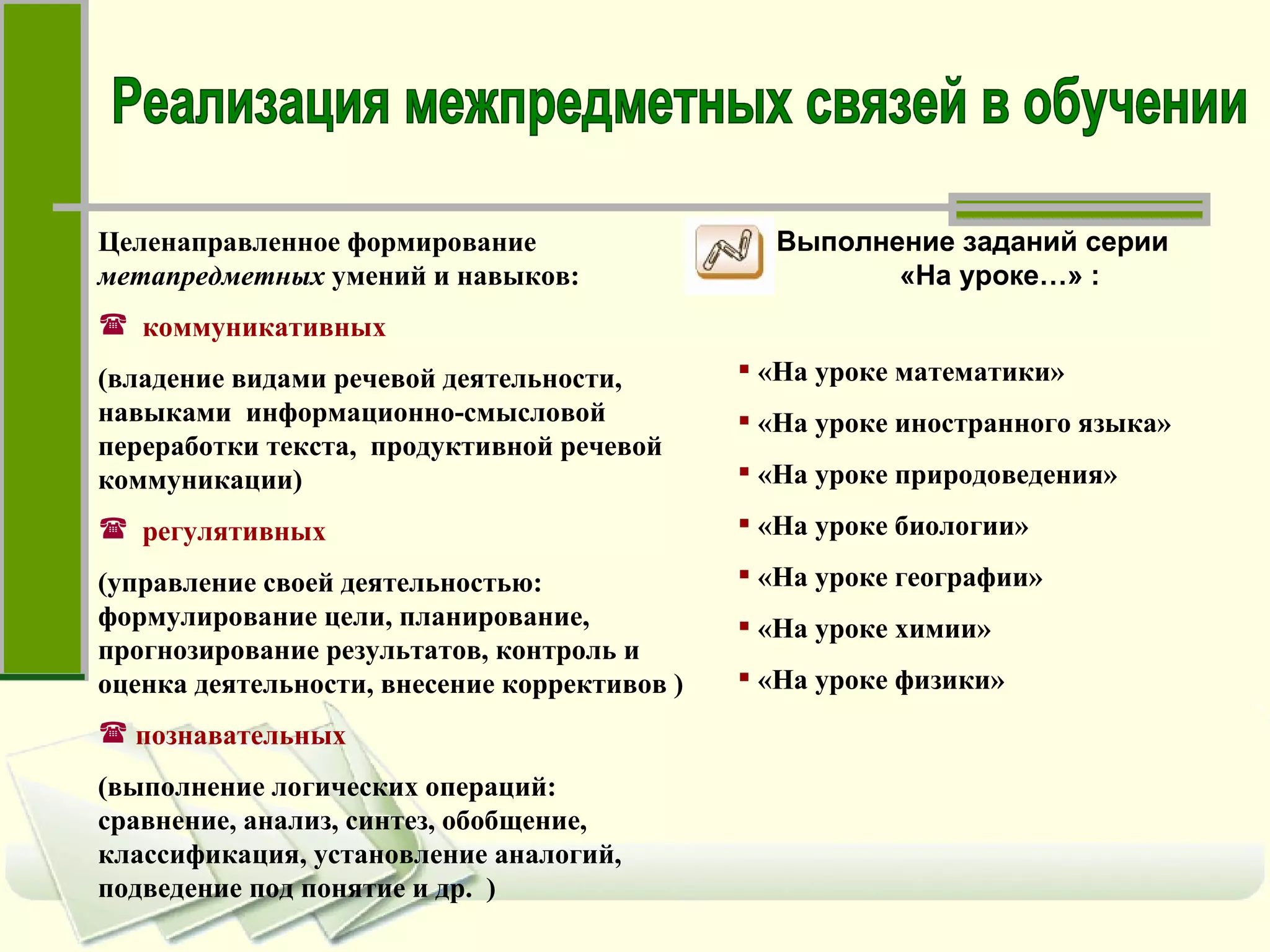 Целенаправленное формирование  метапредметных  умений и навыков: коммуникативных (владение видами речевой деятельности, навыками  информационно-смысловой  переработки текста,  продуктивной речевой коммуникации)  регулятивных (управление своей деятельностью: формулирование цели, планирование, прогнозирование результатов, контроль и  оценка деятельности, внесение коррективов ) познавательных (выполнение логических операций: сравнение, анализ, синтез, обобщение, классификация, установление аналогий, подведение под понятие и др.  ) «На уроке математики» «На уроке иностранного языка» «На уроке природоведения» «На уроке биологии» «На уроке географии» «На уроке химии» «На уроке физики» Реализация межпредметных связей в обучении Выполнение заданий серии  «На уроке…» : 