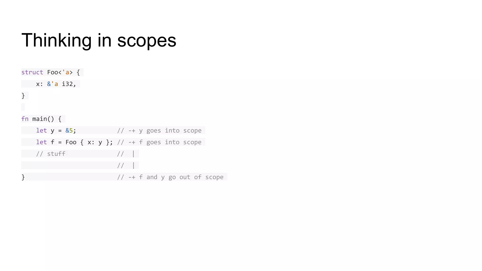 Thinking in scopes
struct Foo<'a> {
x: &'a i32,
}
fn main() {
let y = &5; // -+ y goes into scope
let f = Foo { x: y }; // -+ f goes into scope
// stuff // |
// |
} // -+ f and y go out of scope
 