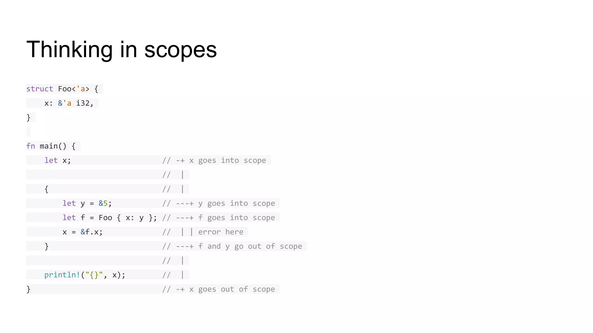 Thinking in scopes
struct Foo<'a> {
x: &'a i32,
}
fn main() {
let x; // -+ x goes into scope
// |
{ // |
let y = &5; // ---+ y goes into scope
let f = Foo { x: y }; // ---+ f goes into scope
x = &f.x; // | | error here
} // ---+ f and y go out of scope
// |
println!("{}", x); // |
} // -+ x goes out of scope
 
