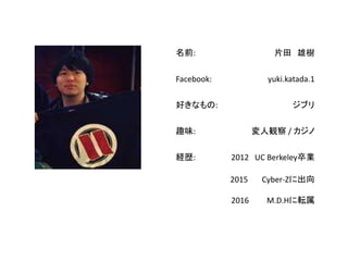 名前:
Facebook:
好きなもの:
趣味:
経歴:
片田 雄樹
yuki.katada.1
ジブリ
変人観察 / カジノ
2012 UC Berkeley卒業
2015 Cyber-Zに出向
2016 M.D.Hに転属
 
