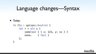 Language changes—Syntax

•   Today:
    fn f(s : option::t<str>) {
        let r = alt s {
            some(ss) { { x: 123...
