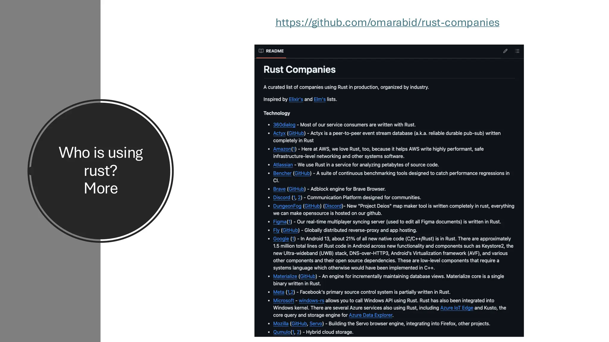 Who is using
rust?
More
https://github.com/omarabid/rust-companies
 