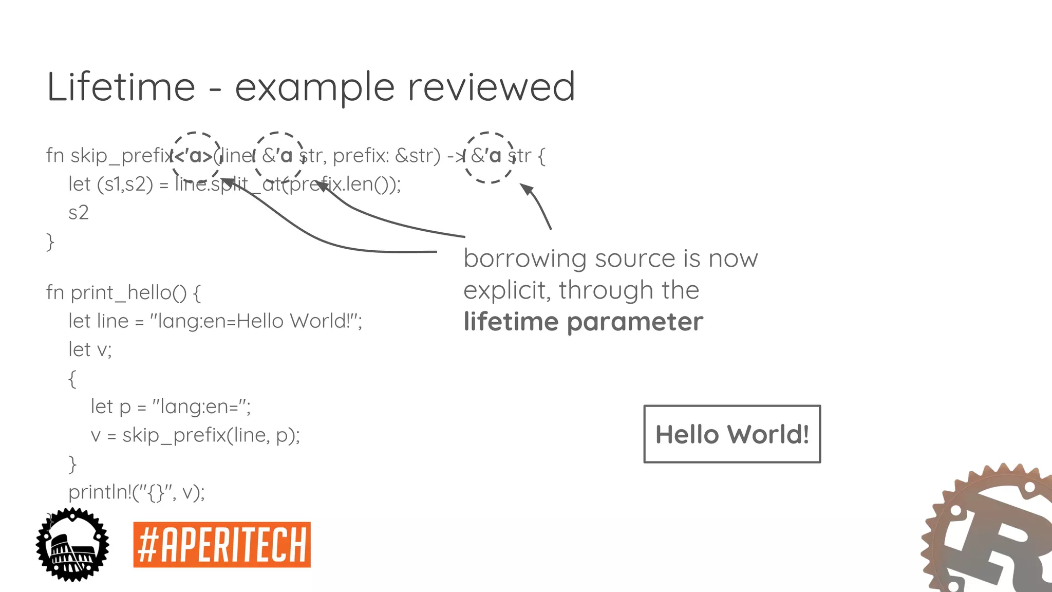 Lifetime - example reviewed
fn skip_prefix<'a>(line: &'a str, prefix: &str) -> &'a str {
let (s1,s2) = line.split_at(prefix.len());
s2
}
fn print_hello() {
let line = "lang:en=Hello World!";
let v;
{
let p = "lang:en=";
v = skip_prefix(line, p);
}
println!("{}", v);
}
borrowing source is now
explicit, through the
lifetime parameter
Hello World!
 