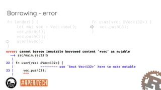Borrowing - error
fn lender() {
let mut vec = Vec::new();
vec.push(1);
vec.push(2);
user(&vec);
}
fn user(vec: &Vec<i32>) {
vec.push(3);
}
 