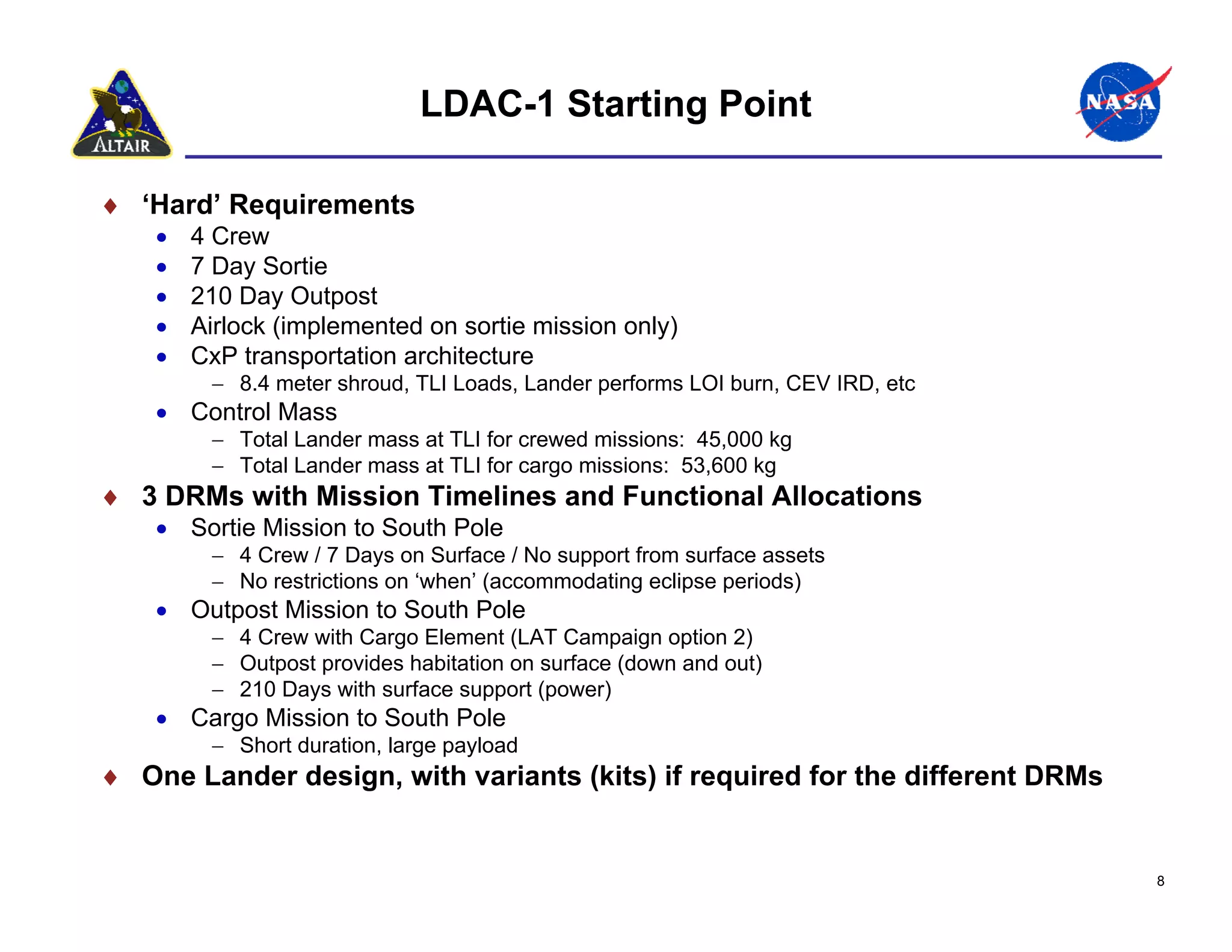 LDAC-1 Starting Point

♦ ‘Hard’ Requirements
    •   4 Crew
    •   7 Day Sortie
    •   210 Day Outpost
    •   Airlock (implemented on sortie mission only)
    •   CxP transportation architecture
         − 8.4 meter shroud, TLI Loads, Lander performs LOI burn, CEV IRD, etc
    • Control Mass
         − Total Lander mass at TLI for crewed missions: 45,000 kg
         − Total Lander mass at TLI for cargo missions: 53,600 kg
♦ 3 DRMs with Mission Timelines and Functional Allocations
    • Sortie Mission to South Pole
         − 4 Crew / 7 Days on Surface / No support from surface assets
         − No restrictions on ‘when’ (accommodating eclipse periods)
    • Outpost Mission to South Pole
         − 4 Crew with Cargo Element (LAT Campaign option 2)
         − Outpost provides habitation on surface (down and out)
         − 210 Days with surface support (power)
    • Cargo Mission to South Pole
         − Short duration, large payload
♦ One Lander design, with variants (kits) if required for the different DRMs


                                                                                 8
 