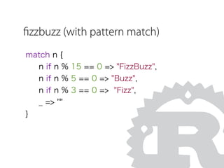 match n {
n if n % 15 == 0 => "FizzBuzz",
n if n % 5 == 0 => "Buzz",
n if n % 3 == 0 => "Fizz",
_ => ""
}
ﬁzzbuzz (with pattern match)
 