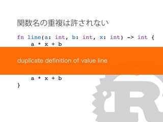 関数名の重複は許されない
fn line(a: int, b: int, x: int) -> int {
a * x + b
}
fn line(a: float, b: float, x: float)
-> float {
a * x + b
}
duplicate deﬁnition of value line
 