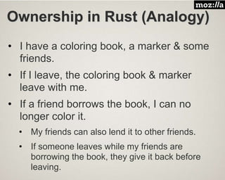 Ownership in Rust (Analogy)
• I have a coloring book, a marker & some
friends.
• If I leave, the coloring book & marker
leave with me.
• If a friend borrows the book, I can no
longer color it.
• My friends can also lend it to other friends.
• If someone leaves while my friends are
borrowing the book, they give it back before
leaving.
 