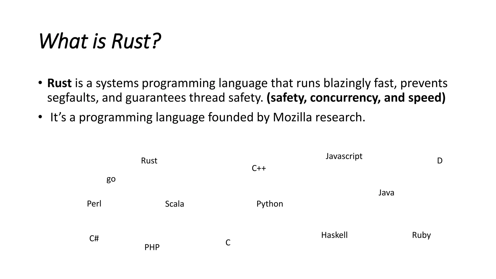 What is Rust?
• Rust is a systems programming language that runs blazingly fast, prevents
segfaults, and guarantees thread safety. (safety, concurrency, and speed)
• It’s a programming language founded by Mozilla research.
Rust
C++
Java
Python
Haskell
Scala
C
Perl
PHP
Javascript D
RubyC#
go
 