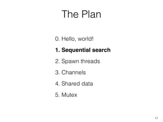 The Plan
17
1. Sequential search
2. Spawn threads
0. Hello, world!
3. Channels
4. Shared data
5. Mutex
 