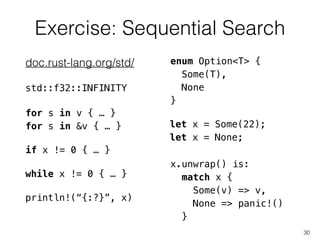 Exercise: Sequential Search
30
for s in v { … }
for s in &v { … }
enum Option<T> {
Some(T),
None
}
x.unwrap() is:
match x {
Some(v) => v,
None => panic!()
}
std::f32::INFINITY
doc.rust-lang.org/std/
if x != 0 { … }
while x != 0 { … }
println!(“{:?}”, x)
let x = Some(22);
let x = None;
 