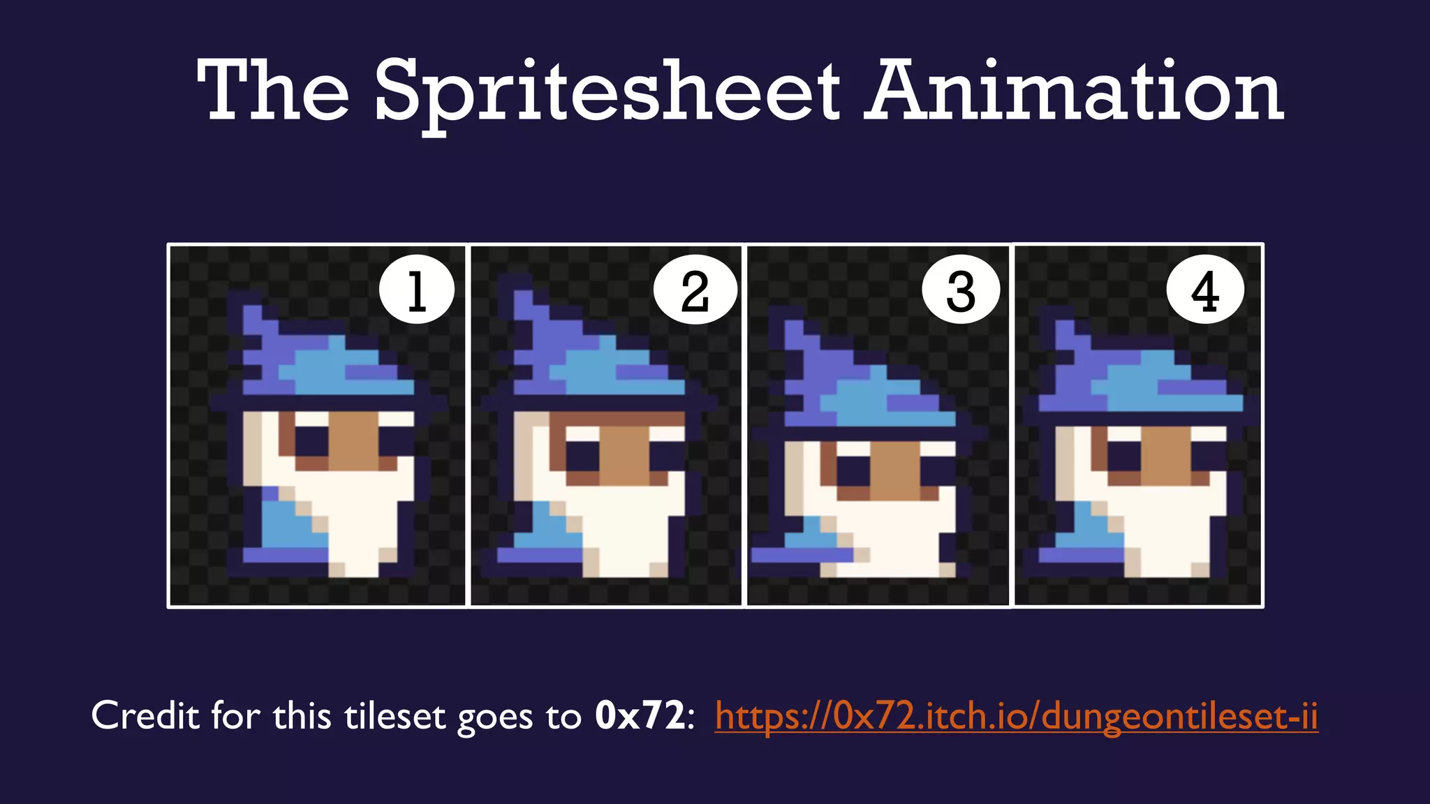 The Spritesheet Animation
1 32 4
Credit for this tileset goes to 0x72: https://0x72.itch.io/dungeontileset-ii
 