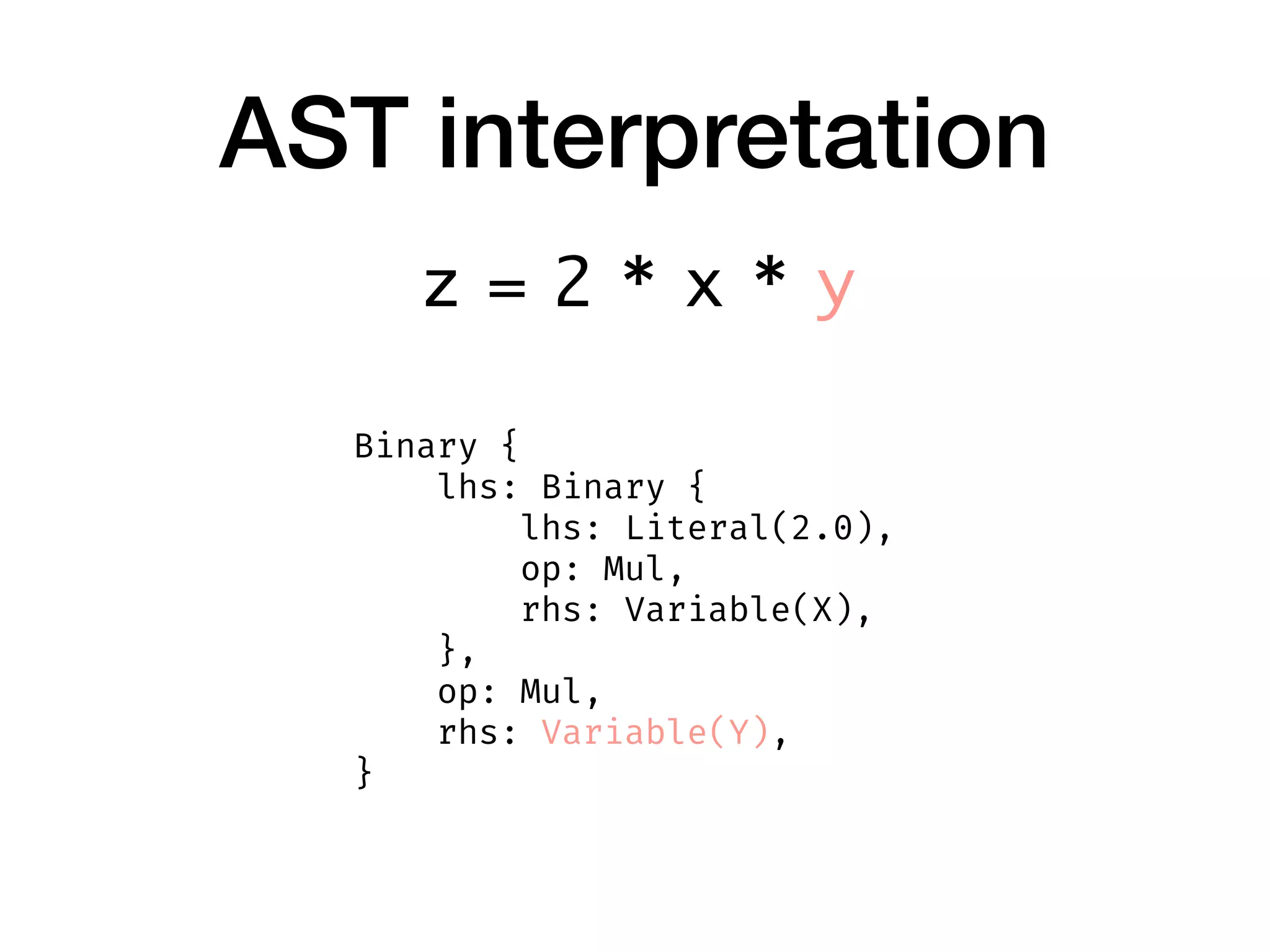 AST interpretation
Binary {
    lhs: Binary {
        lhs: Literal(2.0),
        op: Mul,
        rhs: Variable(X),
    },
    op: Mul,
    rhs: Variable(Y),
}
z = 2 * x * y
 