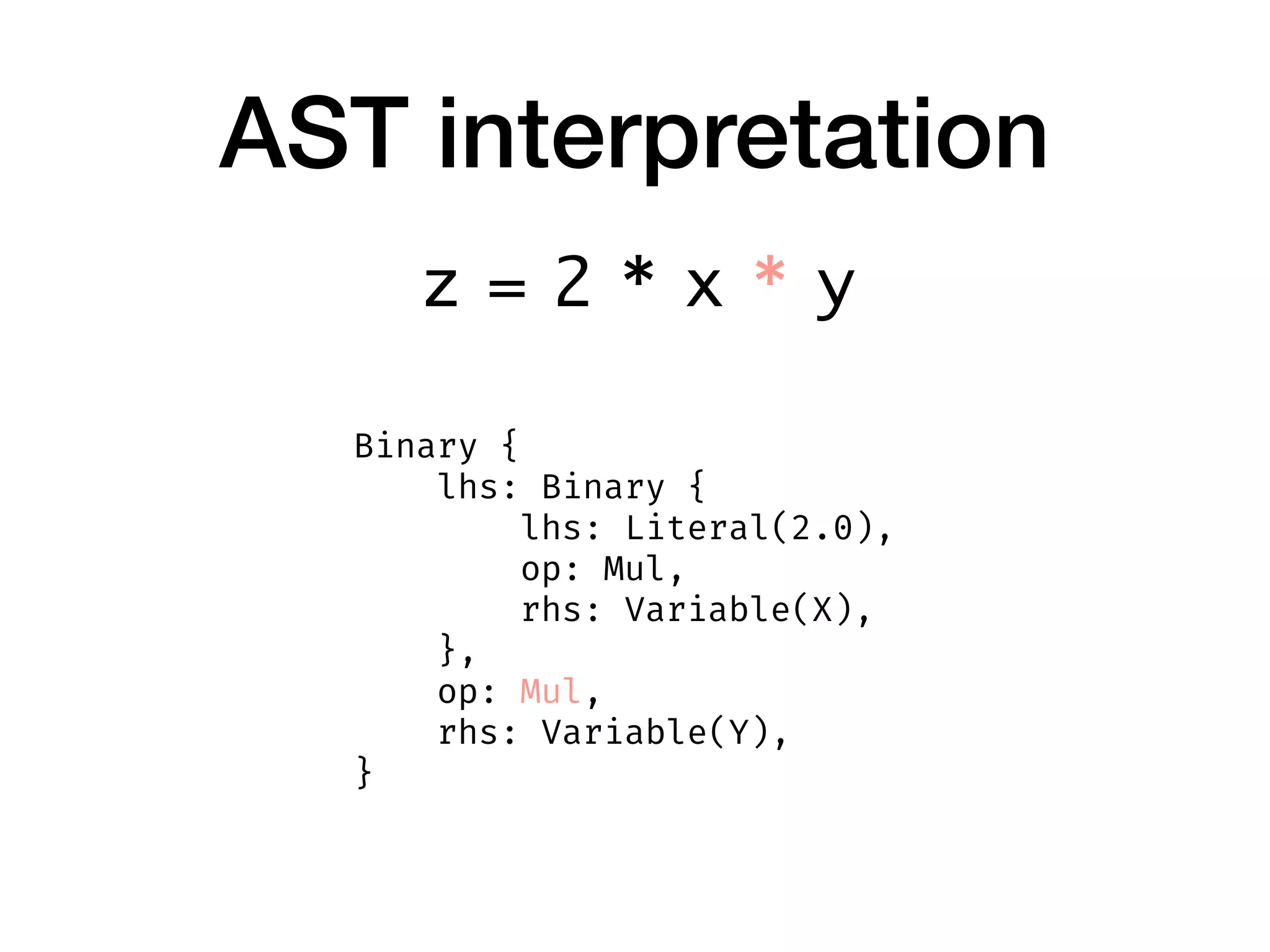 AST interpretation
Binary {
    lhs: Binary {
        lhs: Literal(2.0),
        op: Mul,
        rhs: Variable(X),
    },
    op: Mul,
    rhs: Variable(Y),
}
z = 2 * x * y
 