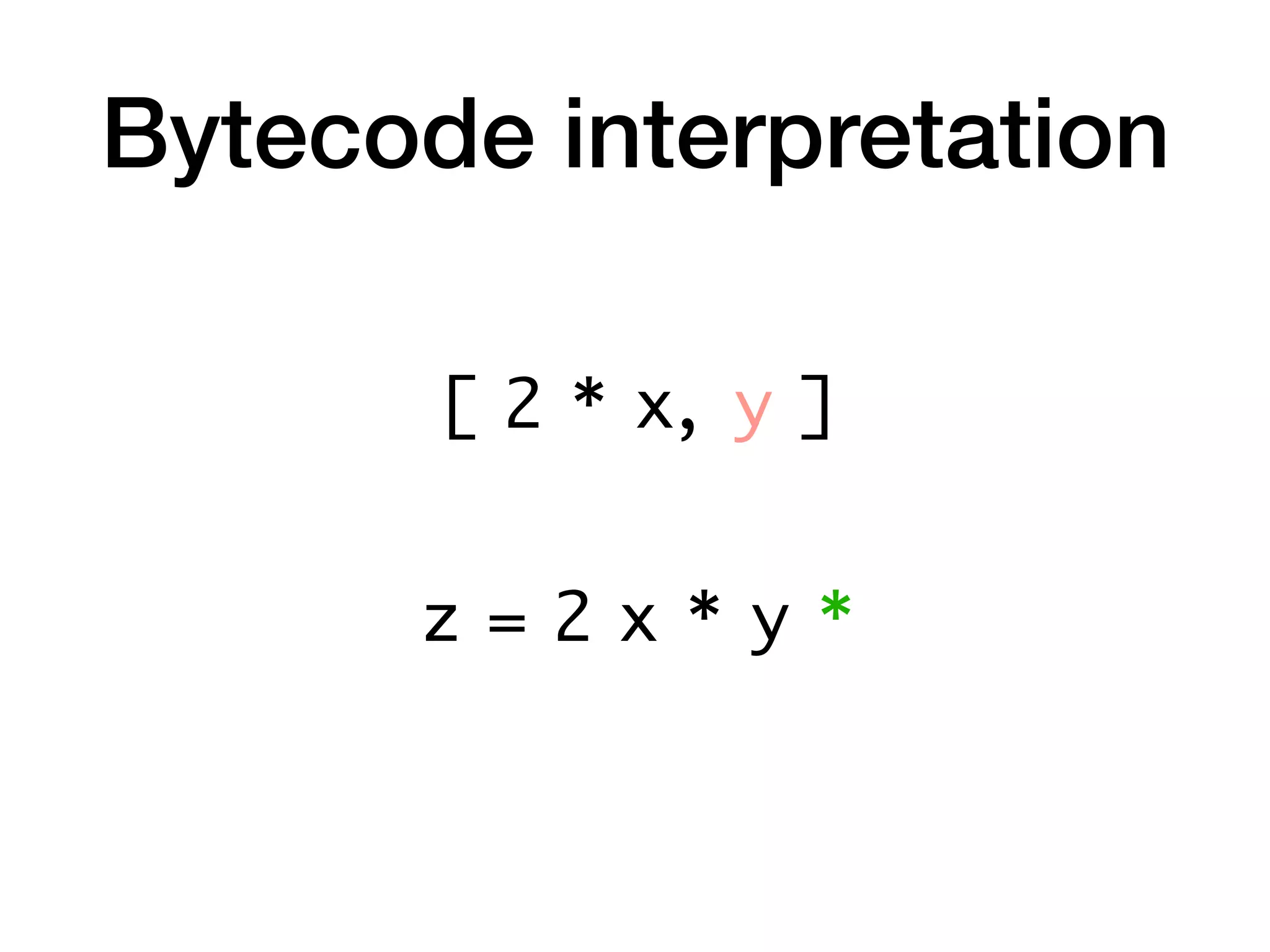 Bytecode interpretation
z = 2 x * y *
[ 2 * x, y ]
 