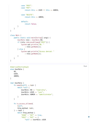 case "POST":
case "PUT":
return this == USER || this == ADMIN;
case "DELETE":
return this == ADMIN;
default:
return false;
}
}
}
class Main {
public static void main(String[] args) {
UserRole role = UserRole.RO;
if (role.isAccessAllowed("POST")) {
System.out.println("OK: "
+ role.getName());
} else {
System.out.println("Access denied: "
+ role.getName());
}
}
}
#[derive(PartialEq)]
enum UserRole {
RO,
USER,
ADMIN,
}
impl UserRole {
fn name(&self) -> &str {
match *self {
UserRole::RO => "read-only",
UserRole::USER => "user",
UserRole::ADMIN => "administrator",
}
}
fn is_access_allowed(
&self,
http_method: &str,
) -> bool {
match http_method {
"HEAD" | "GET" => true,
"POST" | "PUT" => {
*self == UserRole::USER
Rust
↑
 