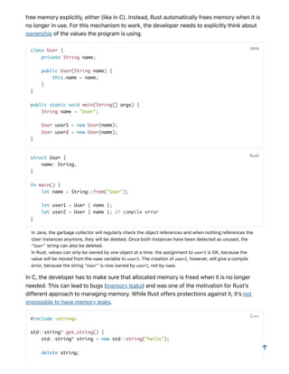 freememoryexplicitly,either(likeinC).Instead,Rustautomaticallyfreesmemorywhenitis
nolongerinuse.Forthismechanismtowork,thedeveloperneedstoexplicitlythinkabout
ownershipofthevaluestheprogramisusing.
class User {
private String name;
public User(String name) {
this.name = name;
}
}
public static void main(String[] args) {
String name = "User";
User user1 = new User(name);
User user2 = new User(name);
}
struct User {
name: String,
}
fn main() {
let name = String::from("User");
let user1 = User { name };
let user2 = User { name }; // compile error
}
InJava,thegarbagecollectorwillregularlychecktheobjectreferencesandwhennothingreferencesthe
Userinstancesanymore,theywillbedeleted.Oncebothinstanceshavebeendetectedasunused,the
"User" stringcanalsobedeleted.
InRust,valuescanonlybeownedbyoneobjectatatime:theassignmenttouser1 isOK,becausethe
valuewillbemovedfromthename variabletouser1.Thecreationofuser2,however,willgiveacompile
error,becausethestring"User" isnowownedbyuser1,notbyname.
InC,thedeveloperhastomakesurethatallocatedmemoryisfreedwhenitisnolonger
needed.Thiscanleadtobugs(memoryleaks)andwasoneofthemotivationforRust’s
differentapproachtomanagingmemory.WhileRustoffersprotectionsagainstit,it’snot
impossibletohavememoryleaks.
#include <string>
std::string* get_string() {
std::string* string = new std::string("hello");
delete string;
Java
Rust
C++
↑
 