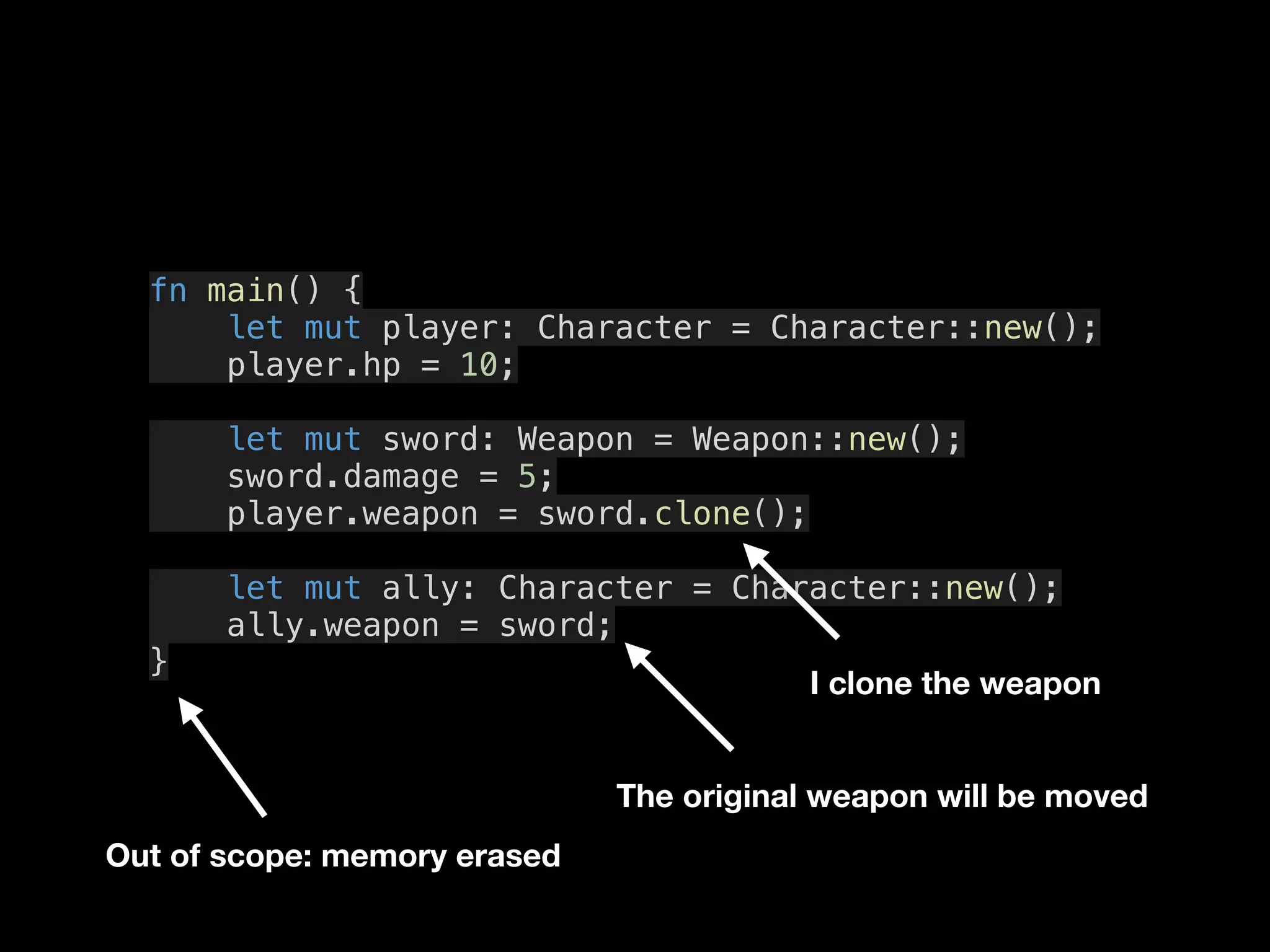 fn main() {
let mut player: Character = Character::new();
player.hp = 10;
let mut sword: Weapon = Weapon::new();
sword.damage = 5;
player.weapon = sword.clone();
let mut ally: Character = Character::new();
ally.weapon = sword;
}
I clone the weapon
The original weapon will be moved
Out of scope: memory erased
 