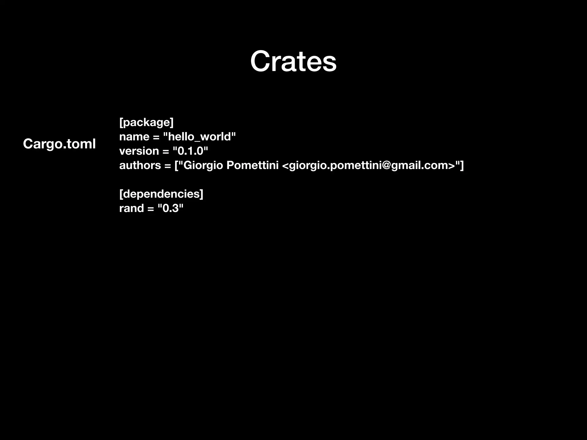 Crates
[package]
name = "hello_world"
version = "0.1.0"
authors = ["Giorgio Pomettini <giorgio.pomettini@gmail.com>"]
[dependencies]
rand = "0.3"
Cargo.toml
 
