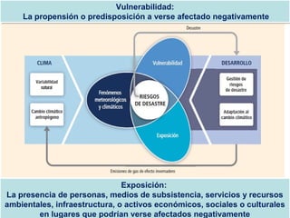 Vulnerabilidad:
La propensión o predisposición a verse afectado negativamente
Vulnerabilidad:
La propensión o predisposición a verse afectado negativamente
Exposición:
La presencia de personas, medios de subsistencia, servicios y recursos
ambientales, infraestructura, o activos económicos, sociales o culturales
en lugares que podrían verse afectados negativamente
Exposición:
La presencia de personas, medios de subsistencia, servicios y recursos
ambientales, infraestructura, o activos económicos, sociales o culturales
en lugares que podrían verse afectados negativamente
 