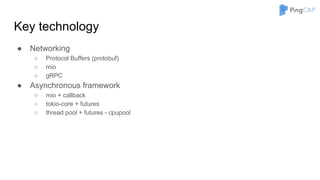 Key technology
● Networking
○ Protocol Buffers (protobuf)
○ mio
○ gRPC
● Asynchronous framework
○ mio + callback
○ tokio-core + futures
○ thread pool + futures - cpupool
 