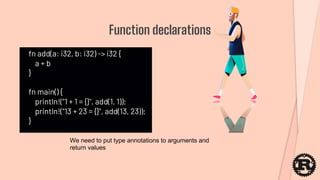fn add(a: i32, b: i32) -> i32 {
a + b
}
fn main() {
println!("1 + 1 = {}", add(1, 1));
println!("13 + 23 = {}", add(13, 23));
}
Function declarations
We need to put type annotations to arguments and
return values
 