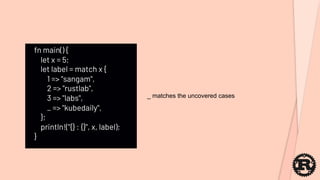 fn main() {
let x = 5;
let label = match x {
1 => "sangam",
2 => "rustlab",
3 => "labs",
_ => "kubedaily",
};
println!("{} : {}", x, label);
}
_ matches the uncovered cases
 