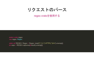 リクエストのパース
regex crateを使用する
extern crate regex;
use regex::Regex;
static ref REGEX: Regex = Regex::new(r"(.*) /(.*) HTTP/(.*)rn”).unwrap();
let caps = REGEX.captures(&result).unwrap();
 