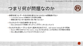 The Rust logo is licensed under CC BY 4.0 (This is unofficial slide)
 参照を使うとデータの中身を変化させられない＆関数跨げない
 1 mutable borrow の制約からの自然な帰結
 関数を跨げないので基本的に使い物にならない
 NonNull<T>で自己参照できるけど……
 Moveされるだけで簡単にダングリングポインタになっちゃう
 Box化すればヒープにいるから基本大丈夫だけど、std::mem::swapとかで死ぬ
 &mut が取り出せちゃうと move, swap などを止めることが出来ないのが最大の原因
 Move禁止を強制したいけどどうすればいいんだ！
 