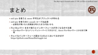 The Rust logo is licensed under CC BY 4.0 (This is unofficial slide)
 std::pin を使うと move 不可なオブジェクトが作れる
 std::pin を使うのに unsafe コードは必須
 必要性が薄いなら別実装を考えたほうが良いかも
 Pin<Box<T>> を生で扱うとインターフェースが汚くなるので注意
 Pin<Box<T>> ならメソッドレシーバーにできるけど、&mut Pin<Box<T>> とかはまだ無
理
 キレイなインターフェース版は GitHub においておきます
https://github.com/StoneDot/toggle-int
 