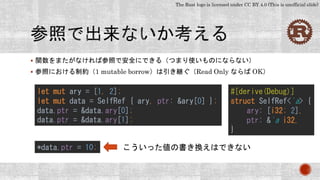 The Rust logo is licensed under CC BY 4.0 (This is unofficial slide)
 関数をまたがなければ参照で安全にできる（つまり使いものにならない）
 参照における制約（1 mutable borrow）は引き継ぐ（Read Only ならば OK）
let mut ary = [1, 2];
let mut data = SelfRef { ary, ptr: &ary[0] };
data.ptr = &data.ary[0];
data.ptr = &data.ary[1];
#[derive(Debug)]
struct SelfRef<'a> {
ary: [i32; 2],
ptr: &'a i32,
}
*data.ptr = 10; こういった値の書き換えはできない
 