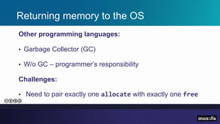Returning memory to the OS
Other programming languages:
• Garbage Collector (GC)
• W/o GC – programmer’s responsibility
Challenges:
• Need to pair exactly one allocate with exactly one free
 