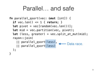 fn parallel_qsort(vec: &mut [int]) {
if vec.len() <= 1 { return; }
let pivot = vec[random(vec.len())];
let mid = vec.partition(vec, pivot);
let (less, greater) = vec.split_at_mut(mid);
rayon::join(
|| parallel_qsort(less),
|| parallel_qsort(less)
);
}
Parallel… and safe
8
Data race.
 