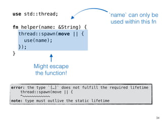 34
use std::thread;
!
fn helper(name: &String) {
thread::spawn(move || {
use(name);
});
}
`name` can only be
used within this fn
Might escape
the function!
error: the type `[…]` does not fulfill the required lifetime
thread::spawn(move || {
^~~~~~~~~~~~~
note: type must outlive the static lifetime
 